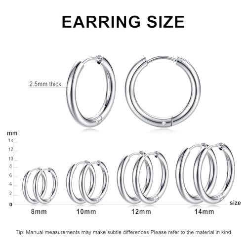 Silver Gold Hoop Earrings for Women Men, 316L Surgical Stainless Steel Huggie Hoop Earrings Set Hypoallergenic Small Cartilage Earrings Lightweight Hoop Earrings Huggie Set - color: 4 Pair Small Silver-8/10/12/14mm