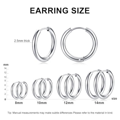 Silver Gold Hoop Earrings for Women Men, 316L Surgical Stainless Steel Huggie Hoop Earrings Set Hypoallergenic Small Cartilage Earrings Lightweight Hoop Earrings Huggie Set - color: 4 Pair Small Silver-8/10/12/14mm