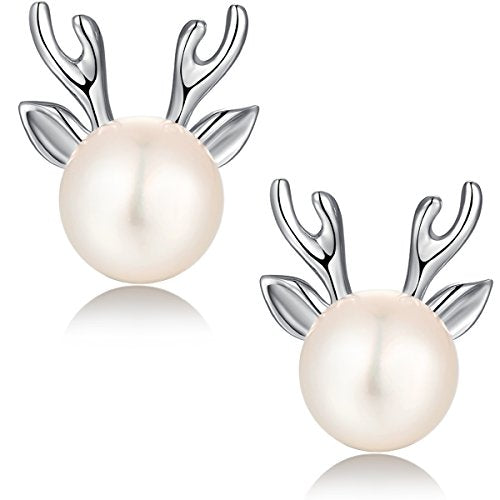 Han han Pearl Stud Earrings for Women 925 Sterling Silver, Pearl Jewelry Gift for Women 8MM-13MM - style: E-Deer Pearl Studs-8mm