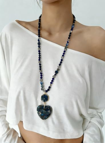 Yomisa Long Necklaces for Women Trendy, 33/34/35 inch | Boho Beaded Necklaces for Women, Natural Stone Pendant, Handmade Knotted Bead, Bohemian Holiday Summer Western Charm Jewelry - color: Love-Lapis Lazuli