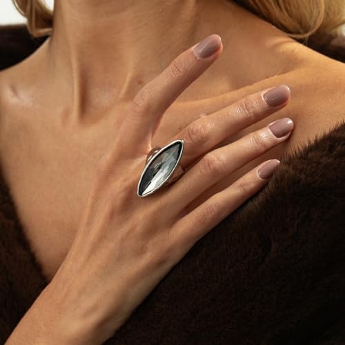 Large Marquise Gray Rhinestone Cocktail Statement Ring for Women Chunky Band Exaggerated Big Geometric Crystal Thick Knuckle Finger Rings Fashion Jewelry Bridal Prom Wedding Party Engagement