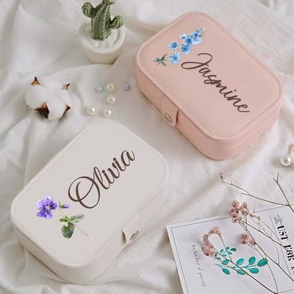 Personalized Jewelry Box Gifts for Women Custom Travel Jewelry Case Organization Leather Customized Birthday Anniversary Bridesmaid Gifts - color: 008-Pink/White-Flower