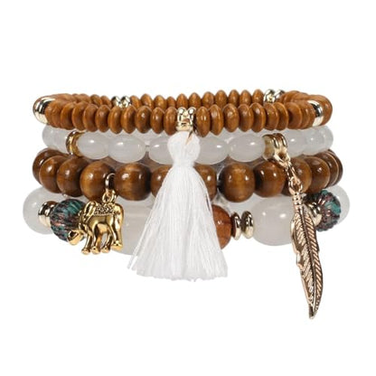 4Pcs Bohemia Multilayer Stackable Elephant Leaf Tassel Bracelets Colorful Wooden Resin Beaded Stretch Bracelets for Women Men Summer Beach Boho Vacation Hawaii Jewelry Gifts - style: StyleA