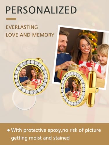 FindChic Stainless Steel Round Cufflinks with Custom Text/Picture/Monogram Letters 18K Gold Plated/Black Color for Men Groom Suits Shirts, with Gift Box - style: 02. CZ custom photo-round (gold plated)