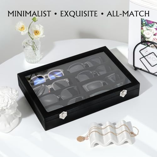 Emibele Glasses Organizer Jewelry Tray, 8 Grids with Clear Lid Velvet Tray Watch Storage Stackable Jewelry Showcase Display Storage with Detachable Inner Dividers, Black - style: I1- eight Grids with Lid-Black