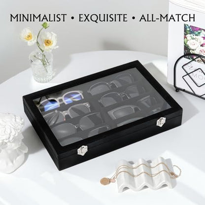 Emibele Glasses Organizer Jewelry Tray, 8 Grids with Clear Lid Velvet Tray Watch Storage Stackable Jewelry Showcase Display Storage with Detachable Inner Dividers, Black | Dustproof Clear Lid Velvet Tray Watch Storage Jewelry Showcase Display Storage with