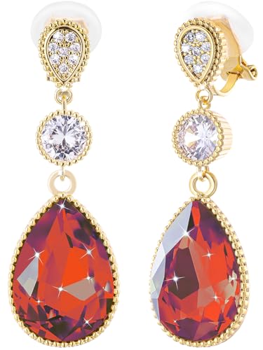 Clip On 18 * 13MM Big Crystal Dangle Non Pierced Earrings for Women 14K Gold Plated Jewelry - color: Jul-Ruby-14K Gold Plated
