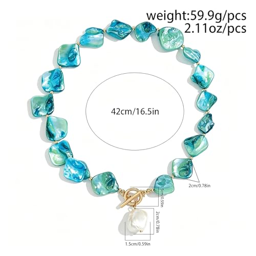 Boho Chunky Shell Necklace for Women Baroque Pearl Pendant Necklaces Irregular Shell Beaded Choker Necklace Trendy Vacation Jewelry Accessories - color: Blue