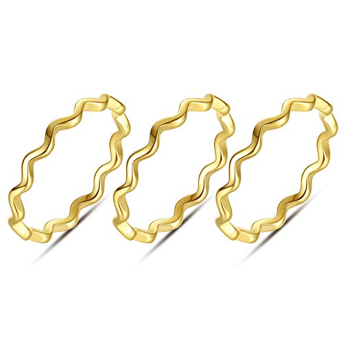 REVEMCN 3Pcs 316L Stainless Steel Simple Wave Ring Set for Women Men Stackable Knuckle Wedding Band Rings Comfort Fit Finger Ring 4 to 11 - color: Gold