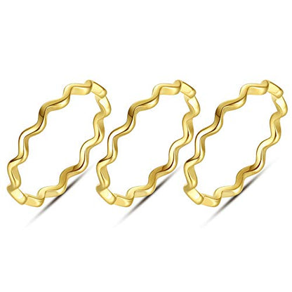 REVEMCN 3Pcs 316L Stainless Steel Simple Wave Ring Set for Women Men Stackable Knuckle Wedding Band Rings Comfort Fit Finger Ring 4 to 11 - color: Gold