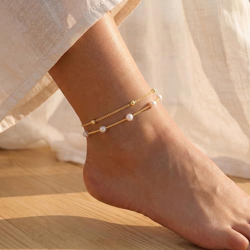 MFRYK Gold Plated Layered Anklet for Women, Adjustable Ankle Bracelet Gift | Adjustable layered chain anklet,secure clasp,waterproof,tarnish-resistant,lightweight,for beach,vacation,parties,daily wear - color: gold
