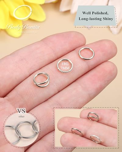 BodyBonita 3pcs Nose Rings Hoops - Double Hoop Nose Ring 14/16/18/20G Hinged CZ Piercing Jewelry Septum Clicker Rings Cartilage Earring Helix Rook Tragus Daith 7mm/8mm/9mm/10mm - color: Silver, size: 18 gauge(1.0mm)-7mm