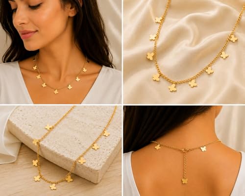 Rich London 18K Rose Gold Plated 2-in-1 Clover Heart Pendant Necklace for Women | Elegant Crystal Charm Jewellery - color: Butterfly Chain