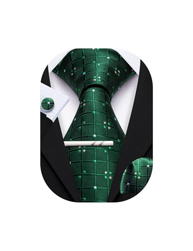 YOHOWA Men Plaid/Striped Ties Clip Set Silk Necktie Pocket Square Cufflinks | Woven Classic,Formal/Casual Mens Tie,Pocket Square Cufflinks Set,Luxury,Business,Wedding,Party,Prom,Graduation - color: Dark Green