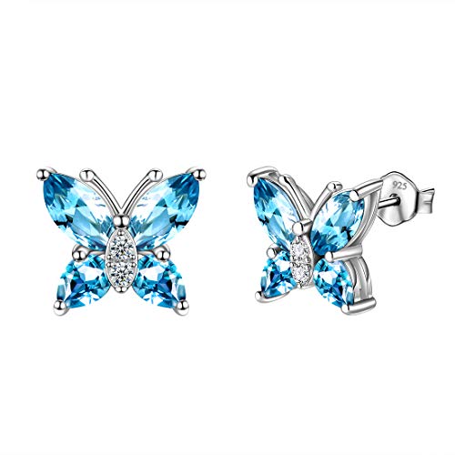 Butterfly Birthstone Stud Earrings - Women 925 Sterling Silver Butterflies Birthstone Stud Earrings Birthday Gift for Women - color: C.March