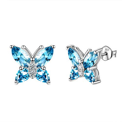 Butterfly Birthstone Stud Earrings - Women 925 Sterling Silver Butterflies Birthstone Stud Earrings Birthday Gift for Women - color: C.March