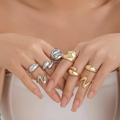 Roe Dolph Chunky Gold Rings for Women Stackable Statement Ring Set | Mixed sculptural shapes and polished surfaces create bold stacking combinations for parties dinners and everyday outfits - color: B4