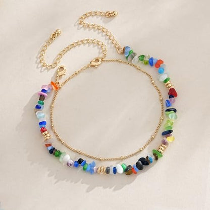 Ankle Bracelet for Women Natural Stone Colorful Beaded Boho Layered Anklet 14K Gold Plated Adjustable Beads Chain 2Pcs Anklets Set Handmade Summer Beach Jewelry - color: Irregular Chips