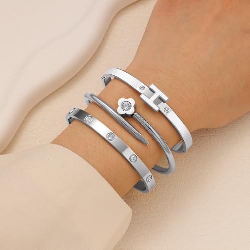 3Pcs Gold Bracelets for Women 14K Gold Plated Love/H/Nail Bangle Bracelet Dainty Non Tarnish Bracelet Jewelry Christmas Mothers Day Gifts for Women - color: 3Pcs Silver/White H bracelet