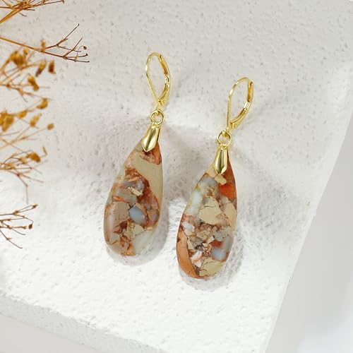 Natural Healing Teardrop Stone Leverback Dangle Drop Earrings Statement Gold earrings - color: khaki-Gold