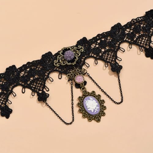 Gothic Lace Choker Necklace for Women, Pearl Sexy Tassel Adjustable Choker Necklace, Boho Halloween Jewelry for Festival Party Cosplay Costume Gifts - color: black purple Chain