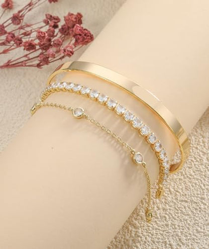 ZOERAY Silver Gold Bangle Bracelets for Women Non Tarnish 14k Gold Plated Stackable Cuff Bracelets for Women Trendy Cubic Zirconia Stainless Steel Chunky Bracelet Stack Set Waterproof Jewelry Gifts - color: D.Cubic Zirconia-Gold