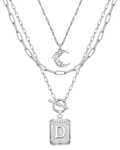 MJartoria Layered Initial Necklaces for Women Trendy, 14K Gold Plated Brass Simple Moon Choker Square Letter Pendant Necklace, Paperclip Chain Necklaces Jewelry Gifts - color: Silver, style: D