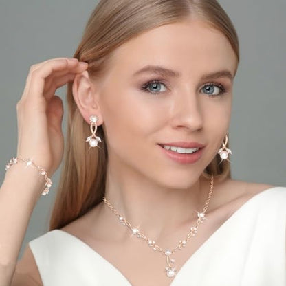 Bridal Jewelry Sets for Women Wedding Jewelry for Women | Cubic Zirconia Wedding Jewelry for Women Pearl Pendant Necklace Earrings Set - color: Rose gold