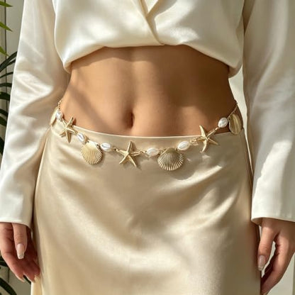 Gold Starfish Waist Beads for Women - Adjustable Layered Waist Chain Bohemian Shell Beaded Bikini Belly Body Chain for Summer Beach Vacation & Boho Accessories - style: Style 2