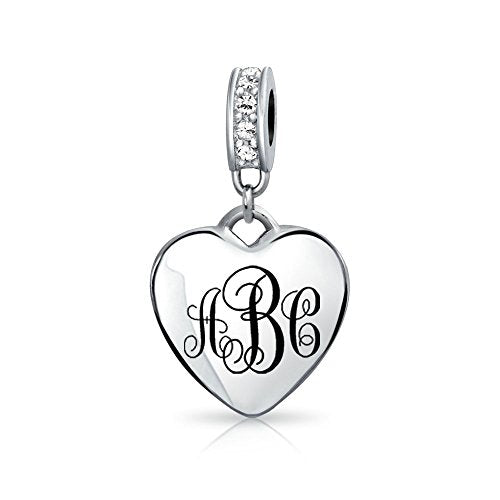 Bling Jewelry .925 Sterling Silver Blue Crystal Accent Bale Heart Shape Dangle Bead Charm for Bracelet - color: Clear Engrave