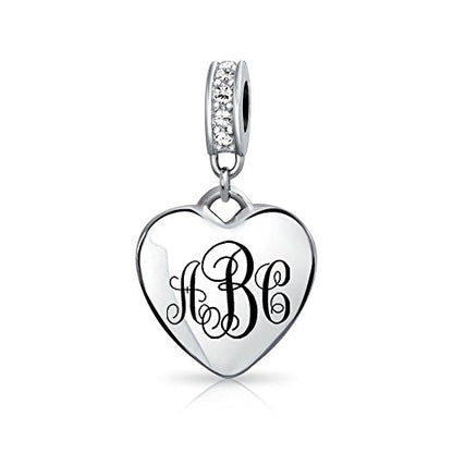 Bling Jewelry .925 Sterling Silver Blue Crystal Accent Bale Heart Shape Dangle Bead Charm for Bracelet - color: Clear Engrave
