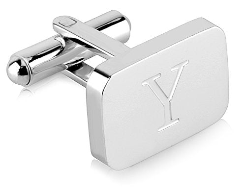 18K White-Gold Plated Initial Engraved Stainless Steel Men’s Cufflinks With Gift Box -Personalized Alphabet Letter’s A-Z By Lux & Pair - style: Y- White Gold