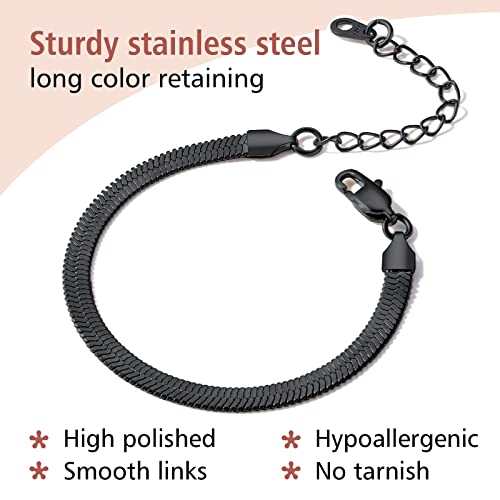 FindChic Elegant Herringbone Snake Chain Anklets/Bracelets 3MM/5MM Width Stainless Steel/18K Gold/Rose Gold Plated/Black 4 Color Options, 8.3'' 8.5'' 10.5'' Length, with Gift Box - color: B: 5mm 6.3'' bracelet (Black)