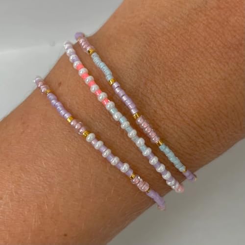 Dainty Gold Plated Tiny Ball Colorful Beaded Stack Bracelets Sets for Women,3Pcs Stackable Cute Bracelet Stretch Trendy Ball Jewelry Friendship Gift - color: light blue