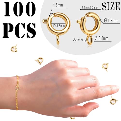 stino 100Pcs Small Spring Round Jewelry Clasps (14K Gold Plated) | Brass, High Polished, Necklaces & Bracelets Findings - color: 14K Gold Plated