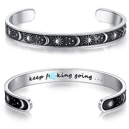 SAM & LORI Personal Bracelets for Teens/Women-Inspirational Jewelry Gifts (Various Designs) for Daughter/Sister/Mom/Friends-Adjustable Bracelet in a Pretty Gift Box - style: Sun Moon- Keep F Going...
