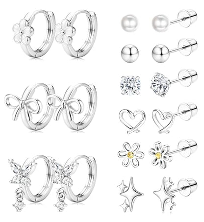 ORAZIO Hypoallergenic Earrings for Girls Women Kids Surgical Stainless Steel Screw Back Bow Heart Flower Stud Hoop Toddler Kids Earrings for Girls Sensitive Ears Over 4 Years Old - color: 9Pairs-silver girls earrings
