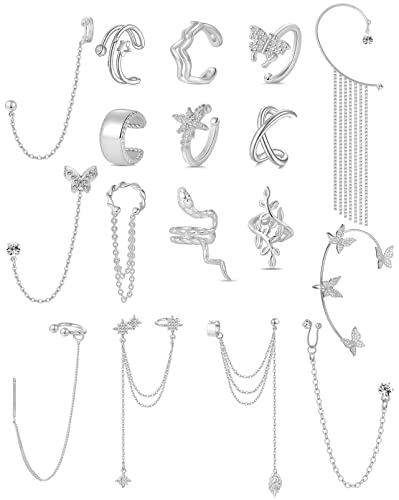 Tornito 17Pcs Ear Cuffs Chain Earrings Snake Butterfly Leaf Non Piercing Clip on Earring Fake Helix Cartilage Earrings Ear Clip Jewelry Silver Gold Tone - color: A:Silver Tone