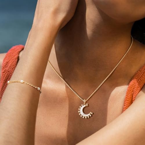 MTMY Gold Moon Pendant Necklace for Women,14K Gold Plated Dainty Chain Crescent Moon Sun Star Necklace Jewelry - style: moon-mother of pearl