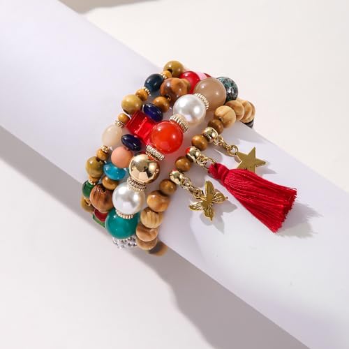 yfstyle Bohemian Stackable Beaded Bracelets for Women Boho Beads Bracelets with Star Butterfly Tassels Retro Stretch Wooden Beaded Bracelets Set Preppy Surfer Heishi Bracelets for Summer Vacation