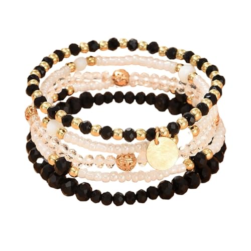Bohemian Handmade Crystal Seed Beads Disc Pendant Colorful Multilayered Elastic Bracelets Stackable Stretch Strand Bangles Friendship Summer Beach Jewelry for Women - color: black