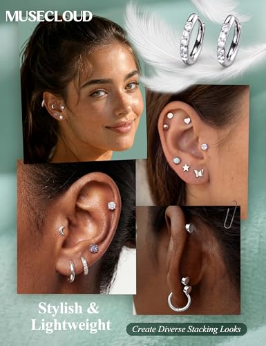 G23 Implant Grade Titanium Flat Back Earrings for Women | Hypoallergenic Hoop Huggie Earring Studs Stack Opal 5A CZ Astm F136 Titanium Earring Sets