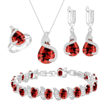 Jewelry Set for Women Teardrop Earrings Necklace Ring Bracelet Set Party Wedding Jewelry Gift for Mother Wife Friend - color: Garnet