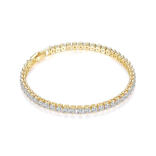 MINDDHA 14K Gold/White Gold Plated Cubic Zirconia Tennis Bracelet | Silver, Gold Bracelet for Women | Rectangle, Square, Round Shape CZ Stone | Width 2.5-4mm | Size 6-8 Inch - color: 3.5mm Priness Cut Yellow Gold, size: 7 Inch