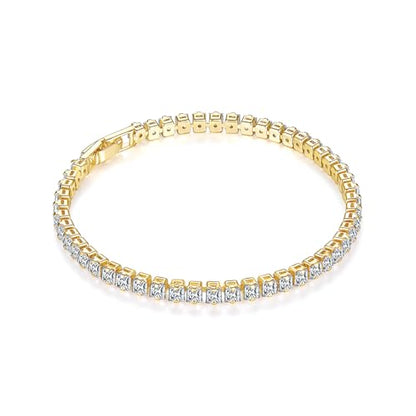 MINDDHA 14K Gold/White Gold Plated Cubic Zirconia Tennis Bracelet | Silver, Gold Bracelet for Women | Rectangle, Square, Round Shape CZ Stone | Width 2.5-4mm | Size 6-8 Inch - color: 3.5mm Priness Cut Yellow Gold, size: 7 Inch