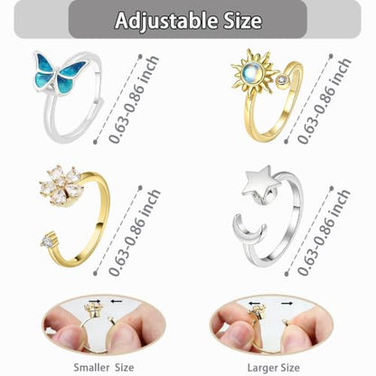 4Pcs Fidget Anxiety Rings for Women, Golden and Silver Adjustable Open Spinner Rings for Anxiety, Stress Relief Rotating Rings with Butterfly Sun Star Flower Designs, Fidget Jewelry for Women
