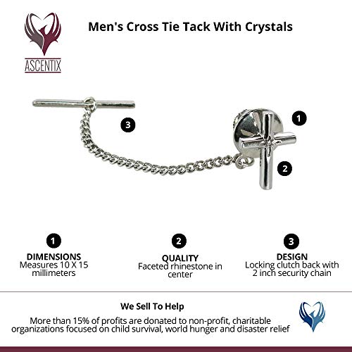 Men's Elegant Cross Tie Tack with Crystal Center for Formal Wear - color: Silver