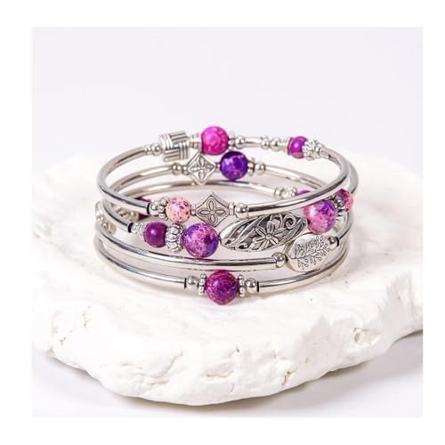 Boho Wrap Beaded Bracelet for Women – Handmade Natural Stone Jewelry – Stainless Steel Adjustable Ethnic Chic Gift - color: Purple Emperor