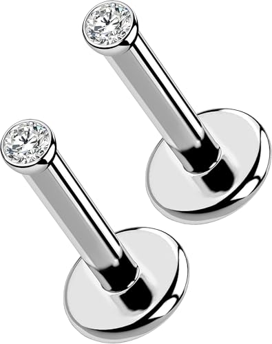 OUFER 2Pcs 20G/18G/16G G23 Titanium Threadless Nose Stud Earrings Flat Back Tiny CZ Small Nose Helix Cartilage Tragus Conch Labret Medusa Monroe Piercing Jewelry for Women Men - color: Silver, size: 2pcs, 16g 5mm, 1.5mm cz