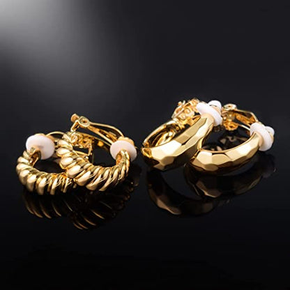 Clip on Earrings Women, 14K Gold Hoop Clip-On Earrings for Women, Hypoallergenic Non Pierced Croissant Earrings - color: Gold High Gloss Hoop